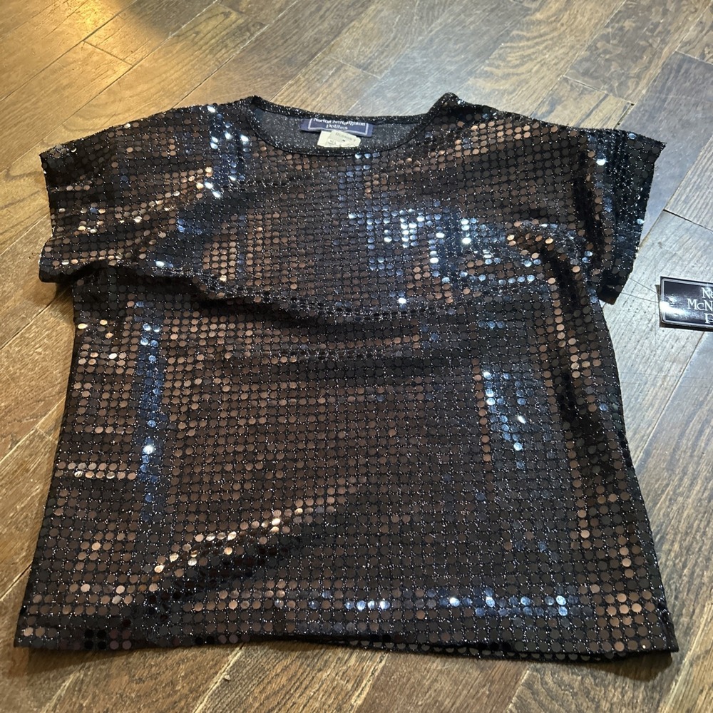 Vintage Norton McNaughton Black Sequin Short Sleeve Top Blouse NWT 8 Petite